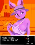 anthro big_breasts breasts buckteeth cleavage clothed clothing featureless_breasts female furgonomic_headwear furgonomics gameplay_mechanics hat headgear headwear huge_breasts looking_away open_mouth purple_eyes shirt solo tank_top teeth text topwear tugging_clothing zebra10045 undertale undertale_(series) rabbit_shopkeeper lagomorph leporid mammal rabbit 2024 english_text hi_res