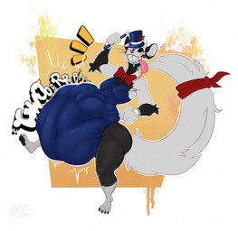 abdominal_bulge anthro belly big_belly bodily_fluids bow_tie claws clenched_teeth clothing digestion digestion_noises fangs female fist fur hat headgear headwear holding_object holding_wand leotard looking_at_viewer magic_wand navel one_eye_closed paws raised_leg raised_tail saliva saliva_on_tongue saliva_string smile smiling_at_viewer soft_vore solo sound_effects tail teeth text tongue tongue_out top_hat vore wand whiskers wink awoogasm piere gulonine mammal marten mustelid musteline 2025 hi_res