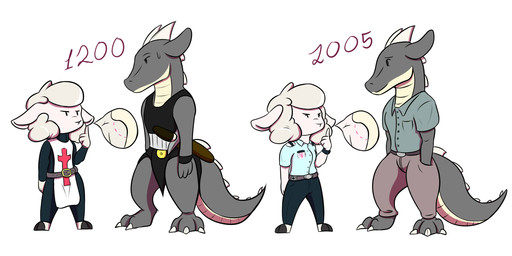 angry anthro armor belt big_ears bite_mark bite_on_shoulder bodily_fluids bottomwear claws clothed clothing cross crusader dragon_tail duo female fur grey_body grey_scales hands_in_both_pockets hooves horn larger_male male male/female melee_weapon pants pantsless scabbard scales shirt simple_background simple_eyes size_difference smaller_female spiked_tail spikes spikes_(anatomy) sweat sweatdrop sword t-shirt tail text topwear uniform weapon white_body white_fur white_wool wool_(fur) years twtr mythology jim_the_lamb magnus_the_dragon bovid caprine dragon humanoid mammal mythological_creature mythological_scalie scalie sheep hi_res