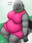 anthro belly big_belly big_breasts breasts clothed clothing computer computer_mouse desk dialogue dress ear_piercing electronics female fur furniture half-closed_eyes jewelry keyboard lipstick looking_aside looking_away makeup narrowed_eyes necklace overweight overweight_anthro overweight_female piercing pink_clothing pink_dress sitting sitting_on_desk slightly_chubby slightly_chubby_anthro slightly_chubby_female solo stretch_marks table text oystercatcher7 aggretsuko sanrio director_gori ape gorilla haplorhine mammal primate 2025 hi_res signature