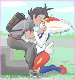 ambiguous_gender anthro backpack blush clothing dark_hair duo eyes_closed footwear fur grass heart_symbol human_on_anthro interspecies kissing kneeling male male/ambiguous male_on_anthro paws plant pokephilia red_eyes shoes sitting thick_thighs tongue white_body white_fur mr_fuwa nintendo pokemon goh's_cinderace goh_(pokemon) cinderace generation_8_pokemon human lagomorph mammal pokemon_(species) absurd_res colored digital_media_(artwork) hi_res