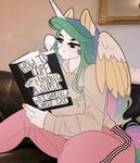 anthro anthrofied blue_hair book bottomwear clothed clothing eyebrows female fingers furniture green_hair hair horn inside long_hair multicolored_hair multicolored_tail pants purple_eyes purple_hair reading real sitting sofa solo sweatpants tail text topwear unicorn_horn wings evehly friendship_is_magic hasbro my_little_pony mythology princess_celestia_(mlp) equid equine mammal mythological_creature mythological_equine winged_unicorn english_text hi_res