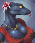 anthro big_breasts black_body black_scales breasts claws cleavage clothed clothing female flower forked_tongue holding_breast jewelry necklace non-mammal_breasts plant pupils scales simple_background slit_pupils solo tongue yellow_eyes dew_dragon lizard monitor_lizard reptile scalie hi_res