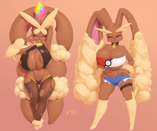 anthro areola big_breasts black_sclera bottomwear breasts brown_areola brown_body clothing collar crop_top denim denim_bottomwear denim_clothing denim_shorts duo female huge_breasts huge_ears leggings legwear looking_at_viewer pink_eyes shirt shorts smile topwear dibujosv12 nintendo pokemon generation_4_pokemon generation_6_pokemon lopunny mega_evolution mega_lopunny pokemon_(species) absurd_res hi_res