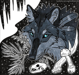 ambiguous_feral ambiguous_gender antlers black_nose blue_eyes bone cheek_tuft facial_tuft feral fungus fur grey_body grey_fur grey_inner_ear_fluff horn inner_ear_fluff mouth_closed mushroom pinecone skull solo sparkles text tuft heatherwolf canid canine canis mammal wolf url