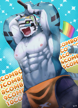 abs anthro axe biceps blue_body blue_fur bodily_fluids chopping fur male muscular muscular_anthro muscular_male nipples pecs shirtless solo striped_body striped_fur stripes sweat visor 7575el lifewonders live_a_hero rexer felid mammal pantherine tiger hi_res