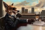 5_fingers anthro building chair clothing cloud coffee_cup container contract cup detailed_background eyewear fangs fingers fur furniture glasses jar male multicolored_body multicolored_fur necktie on_chair open_mouth open_smile sitting sitting_on_chair smile solo suit sunglasses table teeth tongue water wearing_glasses swish canid canine fox mammal digital_drawing_(artwork) digital_media_(artwork) digital_painting_(artwork) hi_res painting_(artwork) signature
