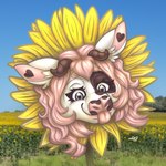 anthro female flower plant sky solo spring spring_(season) sunflower tongue tongue_out naoto bovid bovine cattle mammal 1:1 absurd_res headshot_portrait hi_res portrait