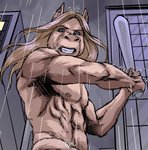 anthro baseball_bat bat_(object) building carlos_eduardo_cunha city clothed clothing equid equine half-length_portrait hi_res horse lycanthropeland male mammal outside portrait raining solo topless trans_(lore) trans_man_(lore) were wereequine werehorse