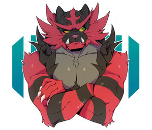 ambiguous_gender anthro biceps black_body black_fur claws crossed_arms fangs fur looking_away manly muscular muscular_ambiguous muscular_anthro pecs red_body red_fur solo teal_eyes teeth toe_claws triceps underbite whiskers yellow_sclera pterro nintendo pokemon felid generation_7_pokemon incineroar mammal pokemon_(species) 2018 absurd_res hi_res portrait