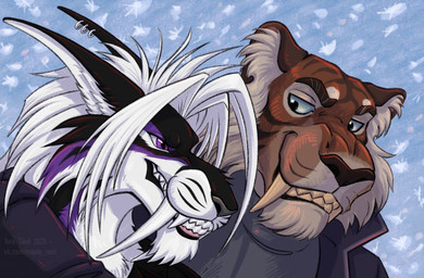 anthro black_body black_fur brown_eyebrows brown_nose clothed clothing duo ear_piercing eyebrows fangs fur grey_nose hair inner_ear_fluff jacket male multicolored_body multicolored_fur orange_body orange_fur piercing purple_eyes sabertooth_(anatomy) sharp_teeth shirt stripes tan_teeth teeth topwear tuft white_hair white_inner_ear_fluff tora_tikel felid feline lynx mammal prehistoric_species saber-toothed_tiger sabertooth_feline 2025 hi_res