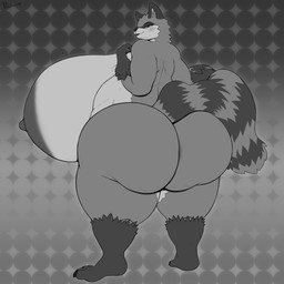 anthro anus areola barely_visible_anus belly big_areola big_belly big_breasts big_butt blush breasts butt female fur genitals hand_on_breast huge_areola huge_breasts huge_butt hyper hyper_areola lips looking_at_viewer looking_back looking_back_at_viewer lying markings nipples nude obese obese_anthro obese_female overweight overweight_anthro overweight_female pose posing_nude rear_view simple_background smile solo striped_markings striped_tail stripes tail tail_markings thick_thighs tongue tongue_out wide_hips prozak514 rivals_of_aether maypul mammal procyonid raccoon 1:1 absurd_res digital_media_(artwork) hi_res monochrome