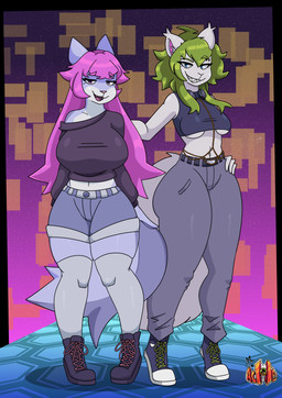 anthro blue_eyes bottomwear chain clothing duo electronics female fur green_hair hair headphones pink_hair purple_body purple_eyes purple_fur topwear white_body white_fur mr_ache pper_(kiiunae) shio_(kiiunae) canid canine fox mammal absurd_res hi_res