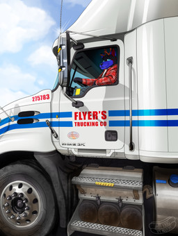 anthro detailed_background driving flannel_shirt male sky solo truck trucker vehicle hotdogvendor mack_trucks canid canine canis deer mammal wolf absurd_res digital_media_(artwork) digital_painting_(artwork) hi_res painting_(artwork)