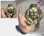 2024 4_fingers 5_toes abs ambiguous_gender amphibian anthro bodily_fluids brown_eyes colored duo extreme_size_difference feet feral fingers floor frog glistening glistening_body green_body hi_res holding_another human jojo's_bizarre_adventure lying lying_on_hand male mammal meme multicolored_body muscular muscular_male nervous_sweat offscreen_character padded_soles photography_(artwork) rappenem redraw shaded shaking signature size_difference smaller_male sweat teeth tile tile_floor toes trembling two_tone_body vein white_body