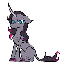 black_hair blue_eyes cloven_hooves ears_down female feral frown grey_body grumpy hair half-closed_eyes hooves horn leg_tuft long_tail looking_at_viewer narrowed_eyes pivoted_ears purple_hooves simple_background sitting solo tail tail_tuft toony tuft unguligrade unicorn_horn unimpressed white_background swayedy mythology them's_fightin'_herds oleander_(tfh) classical_unicorn equid equine mammal mythological_creature mythological_equine unicorn 2021 digital_drawing_(artwork) digital_media_(artwork) hi_res