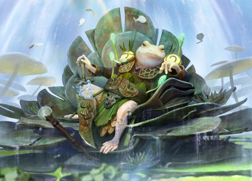 anthro armor barefoot clothed clothing feet green_body holding_melee_weapon holding_object holding_sword holding_weapon horizontal_pupils lily_pad looking_at_viewer male melee_weapon plant pupils sitting smile solo staff sword weapon bram_sels hasbro magic:_the_gathering wizards_of_the_coast amphibian frog 2024 digital_media_(artwork) hi_res official_art