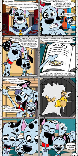 black_spots book bowl container cookbook dialogue egg feral fur group male pet_food speech_bubble spots text toony trio white_body white_fur redundantmodule 101_dalmatian_street 101_dalmatians disney dawkins_(101_dalmatians) doug_(101_dalmatians) dylan_(101_dalmatians) canid canine canis dalmatian domestic_dog mammal comic english_text hi_res