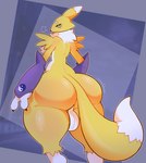 anthro armwear armwear_only backsack balls big_balls big_butt blue_eyes bridal_gauntlets bridal_gauntlets_only butt clothing femboy genitals huge_butt looking_back male mostly_nude solo tail yin_yang dozighost bandai_namco digimon digimon_(species) renamon hi_res