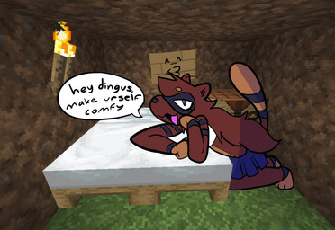 anthro bed blue_bottomwear blue_clothing blue_skirt bottomwear brown_body brown_fur clothing dialogue facial_markings female fur furniture head_markings markings mask_(marking) ring_(marking) ringed_tail shirt skirt solo speech_bubble striped_markings striped_tail stripes tail tail_markings text topwear white_clothing white_shirt white_topwear bigsteppies microsoft minecraft mojang xbox_game_studios noodle_(aimkid) domestic_ferret mammal mustelid musteline true_musteline weasel english_text mixed_media