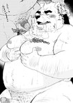 anthro balls belly big_belly blush blush_lines bodily_fluids breath cum cum_on_chest cum_on_face cum_on_moobs cum_on_partner cum_on_partner's_chest cum_on_partner's_face duo erection eyes_closed genital_fluids genitals kemono male male/male mature_male moob_grab moob_squeeze moob_squish moobs nipples open_mouth overweight overweight_male penis sweat tongue vein veiny_penis shintatokoro bear mammal 2024 hi_res monochrome