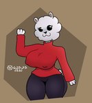 :3 anthro big_breasts black_bottomwear black_clothing black_pants bottomwear breasts clothed clothing female fluffy fur nipple_outline pants red_clothing red_sweater red_topwear solo sweater topwear white_body white_fur pamaht9 bear mammal signature spanish_description