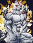 5_fingers abs aged_up anthro anthrofied arm_markings athletic athletic_anthro athletic_male black_nose crotch_tuft eye_markings facial_markings fingers fire forehead_markings fur head_markings humanoid_hands looking_at_viewer male markings muscular muscular_anthro muscular_male navel nude pecs red_markings shoulder_markings solo tuft white_body white_fur chibikoma capcom clover_studio okami_(capcom) chibiterasu_(okami) canid canine canis deity mammal wolf 2020 3:4 absurd_res digital_media_(artwork) hi_res