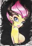 blue_eyes breasts ear_piercing ear_ring female hair hoop_ear_ring horn humanoid_pointy_ears lips looking_at_viewer not_furry piercing pink_hair pointy_ears ring_piercing solo eviilminina mattel monster_high gilda_goldstag humanoid hi_res