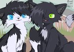 ambiguous_gender barn black_body black_fur black_nose blue_eyes day detailed_background duo feral feral_with_hair fur grass green_eyes grey_inner_ear_fluff hair hair_over_eye head_tuft inner_ear_fluff looking_at_viewer outside plant sitting smile tail tuft white_body white_fur dethtwink warriors_(book_series) barley_(warriors) ravenpaw_(warriors) domestic_cat felid feline felis mammal 2024 aliasing cel_shading digital_drawing_(artwork) digital_media_(artwork) microsoft_paint_(artwork) shaded male_(lore)