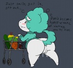 anthro anus banana big_butt blue_clothing blue_sweater blue_topwear blue_turtleneck blush bodily_fluids bottomless butt candy carrot chocolate chocolate_bar clothed clothing cucumber dessert female food fruit genital_fluids genitals green_hair grocery_store hair plant public pussy shopping_cart slightly_chubby smile solo sweater tail text topwear turtleneck vaginal_fluids vegetable wet roy_mccloud bluebell bovid caprine domestic_sheep mammal sheep