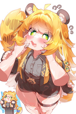 ahoge animal_ears bare_legs belt black_bottomwear black_clothing black_shorts blonde_hair blush bottomwear clothed clothing collared_shirt cute_fangs disembodied_hand dress_shirt fangs female fluffy_ears green_eyes grey_dress_shirt hair hands_on_another's_face happy jacket long_hair open_clothing open_jacket open_mouth open_topwear shirt shorts simple_background striped_hair teeth topwear white_background white_hair yellow_clothing yellow_jacket_(clothing) yellow_topwear young young_female young_humanoid orcavice mihoyo zenless_zone_zero ju_fufu animal_humanoid felid felid_humanoid humanoid mammal mammal_humanoid pantherine pantherine_humanoid thiren tiger_humanoid absurd_res hi_res