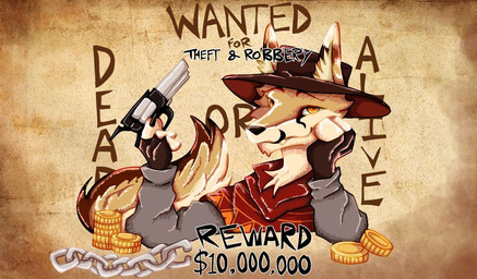 anthro bedroom_eyes black_nose bounty brown_body brown_fur clothing coin cowboy_outfit fur gloves gold_(metal) gold_coin gold_jewelry gun handgun handwear inner_ear_fluff jewelry male narrowed_eyes pistol ranged_weapon red_clothing red_shirt red_topwear resting_arm robbery seductive shirt simple_background smile solo text thief topwear tuft wanted_poster weapon white_body white_fur yellow_body yellow_eyes yellow_fur rin_(epikzoha) gale_(galefoxy) canid canine fennec_fox fox mammal true_fox english_text
