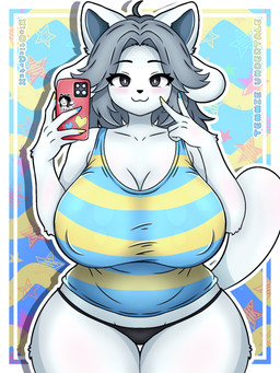 anthro big_breasts black_eyes black_nose blue_clothing blush breasts clothing electronics female fingers fur grey_hair grey_inner_ear hair looking_at_viewer multicolored_clothing navel nipple_outline panties pattern_clothing pattern_shirt pattern_topwear phone pose seductive selfie shirt solo striped_clothing striped_shirt striped_topwear stripes text topwear underwear white_body white_ears white_fur xiaoticx undertale undertale_(series) temmie_(undertale) mammal tem 2025 3:4 absurd_res artist_name digital_media_(artwork) hi_res pinup