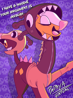 2_heads ambiguous_gender argument black_body black_fur bone clothing cosplay eyes_closed feral fur grin hoodie horn long_neck multi_head open_mouth orange_body orange_fur ossicone patch_(fabric) pattern_background pink_nose sharp_teeth simple_background skull smile solo spikes spikes_(anatomy) teeth tongue topwear zipper papayavirtual nintendo pokemon farigiraf generation_2_pokemon generation_9_pokemon girafarig giraffid mammal pokemon_(species) 3:4 hi_res meme