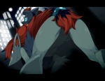 all_fours anthro blue_eyes breasts city duo female male mane moon under_boob agemono nintendo pokemon canid canine generation_5_pokemon mammal pokemon_(species) zoroark zorua