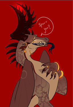 2_horns 5_fingers ambiguous_gender bangle brown_body brown_scales claws ear_piercing ear_ring fangs feral fingers folded_wings forked_tongue glowing glowing_eyes grin hand_on_chest head_spikes horn horn_spikes jewelry lighter_belly looking_at_viewer membrane_(anatomy) membranous_wings neck_spikes piercing red_background ring ring_piercing scales semi-anthro sharp_teeth side_view simple_background smile solo spikes spikes_(anatomy) tan_body teeth tongue white_sclera wings yellow_eyes gonzaartstudio european_mythology mythology dragon mythological_creature mythological_scalie scalie western_dragon digital_drawing_(artwork) digital_media_(artwork) hi_res