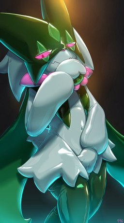 anthro glistening glistening_body green_body green_latex latex latex_body pink_eyes pink_nose simple_background 996_9696 nintendo pokemon felid feline generation_9_pokemon mammal meowscarada pokemon_(species) 2024 digital_media_(artwork) hi_res signature