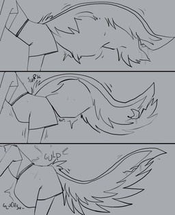 abdominal_bulge ambiguous_gender anthro bodily_fluids clothed clothing drooling duo male male_pred rumbling_stomach saliva shaking sound_effects swallowing tail tail_bulge tail_fetish tail_mouth tail_play tail_vore trembling unusual_anatomy unusual_tail vore topazknight jeremy_(topazknight) mammal mephitid skunk absurd_res comic hi_res