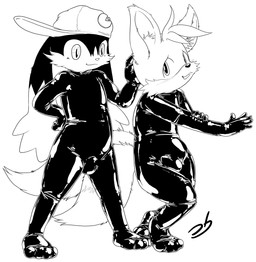2_tails 4_toes 5_fingers anthro balls_outline baseball_cap black_body black_fur black_nose blush blush_lines bulge caressing caressing_head clothing crossed_legs detailed_bulge duo embarrassed erection erection_under_clothing feet fingers fox_ears fox_tail fur genital_outline hand_on_arm hand_on_hip hat head_tuft headgear headwear latex latex_clothing latex_skinsuit looking_at_another looking_at_viewer male multi_tail open_mouth penis_outline pose shy simple_background skinsuit smile standing tail tenting tight_clothing toes tuft white_background white_body white_fur young young_anthro young_male stormdragonblue bandai_namco klonoa_(series) sega sonic_the_hedgehog_(series) klonoa miles_prower canid canine canis domestic_cat felid feline felis fox hybrid lagomorph leporid mammal rabbit absurd_res full-length_portrait hi_res monochrome portrait signature
