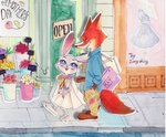 anthro barefoot bottomwear building clothed clothing detailed_background duo feet female flower fully_clothed fur grey_body grey_fur holding_flower holding_object male outside pants plant red_body red_fur shirt sidewalk standing topwear strawberry628_(artist) disney zootopia judy_hopps nick_wilde canid canine fox lagomorph leporid mammal rabbit red_fox true_fox 2016