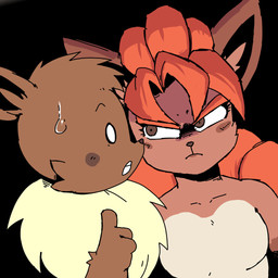 3_fingers angry anthro black_background bodily_fluids breasts brown_body brown_eyes brown_fur brown_nose brush countershade_torso countershading duo eyebrows eyelashes female fingers fluffy frown fur hair lips lipstick long_ears makeup male neck_tuft nervous orange_body orange_fur orange_hair scared short_hair simple_background sweat sweatdrop tan_body tan_fur teeth tuft white_eyes jisito dragon_ball nintendo pokemon flori_(jisito) inti_(jisito) eevee generation_1_pokemon pokemon_(species) vulpix 1:1 colored meme shaded