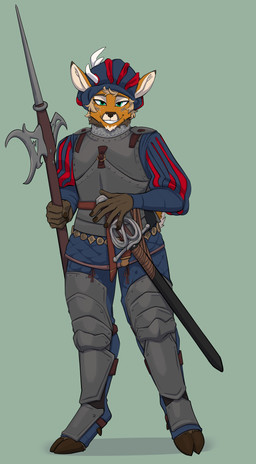 5_fingers anthro armor blonde_hair brown_body brown_fur chainmail clothing cuirass fingers fur gambeson grey_background hair hat headgear headwear holding_melee_weapon holding_object holding_polearm holding_weapon hooves horn landsknecht looking_at_viewer male melee_weapon pike_(weapon) polearm simple_background smile solo sword tail weapon 6my xien cervine deer elk mammal 2025 digital_media_(artwork) hi_res