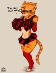 alternate_costume alternative_fashion anthro armwear belly biped blush bottomwear bra bulge cheek_tuft cheerleader cheerleader_outfit clothed clothing crop_top crossdressing dialogue ears_down embarrassed facial_tuft femboy flustered footwear fur fuzzy glistening glistening_belly glistening_thighs green_eyes head_tuft holding_object knee_highs knee_socks leggings legwear looking_down male male_anthro midriff miniskirt multicolored_clothing navel open_mouth orange_body orange_fur pivoted_ears pom_poms red_armwear red_clothing red_leggings red_legwear shirt shy simple_background skirt slim socks solo sports_bra standing tail text topwear tuft underwear whiskers thewolvenmisfit dreamworks puss_in_boots_(franchise) puss_in_boots_(dreamworks) domestic_cat felid feline felis mammal tabby_cat absurd_res digital_media_(artwork) english_text hi_res