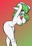 areola arms_above_head breasts female green_areola green_hair green_nipples hair looking_at_viewer navel nipples red_eyes smile solo white_body white_ears wide_hips pirpole_haze nintendo pokemon gardevoir generation_3_pokemon humanoid pokemon_(species) hi_res