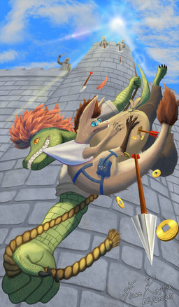 anthro armor arrow_(weapon) blue_eyes claws coin duo feathers female fur green_body jumping light light_beam male orange_eyes ranged_weapon rope sky smile sun sunbeam sunlight teeth weapon flare_raptor out-of-placers hector_(flare_raptor) zelly_(flare_raptor) feathered_scalie lizard mammal reptile scalie yinglet absurd_res hi_res
