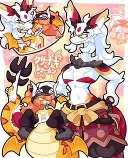 anthro apode big_ears clothed clothing countershading dominant duo fangs femboy fluffy fluffy_chest forked_tongue fur furgonomic_piercing furgonomics green_eyes hair heart_symbol horn interspecies_romance jacket larger_dom legless living_tail long_hair long_neck long_tail love male male/male multicolored_body navel one_eye_obstructed orange_hair oversized_clothing piercing ponytail red_eyes romantic scabbard serpentine sharp_teeth shirtless_male size_difference snake_tail stripes tail tail_piercing teeth text tongue topwear unusual_anatomy unusual_tail white_body white_fur wide_hipped_male wide_hips wings wolf_ears yellow_body yellow_skin blargen69 mythology yokai_love_you! kusanagi_(blargen69) shotan_(blargen69) draconcopode dragon hybrid mythological_creature mythological_scalie naga reptile scalie snake hi_res