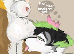 anthro ball_lick ball_size_difference ball_sniffing ball_tuft balls bedroom_eyes begging big_balls black_hair blush bodily_fluids breath cheek_tuft craving dialogue dialogue_box duo ears_down facial_tuft fluffy fluffy_ears fluffy_hair genital_fluids genitals green_eyes green_hair hair licking looking_at_another male motion_lines musk musk_clouds musky_balls narrowed_eyes neck_tuft oral panting pink_hair pink_tongue pivoted_ears pleading_eyes precum saggy_balls seductive sex sniffing speech_bubble submissive sweat sweaty_balls sweaty_genitalia sweaty_legs sweaty_thighs text text_box tongue tuft shibatoast parsec canid canine deer fox mammal true_fox absurd_res hi_res