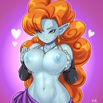 alien alien_humanoid areola armwear big_breasts big_hair blue_areola blue_body blue_eyes blue_nipples blue_skin blush blush_lines bodily_fluids breasts clothed clothing dragon_ball dragon_ball_z ear_piercing eyelashes female fushisha_o grey_armwear grey_clothing hair heart_symbol holding_breast humanoid humanoid_pointy_ears jewelry long_hair navel necklace nipples orange_hair piercing purple_background simple_background smile solo sweat sweatdrop topless wide_hips zangya