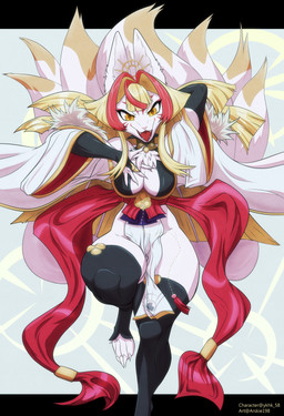 accessory anthro armwear asian_clothing belt big_breasts biped black_clothing black_gloves black_handwear black_legwear black_stockings blonde_hair bottomwear breasts claws cleavage clothed clothing dancing digitigrade east_asian_clothing elbow_gloves eye_markings eyebrows female fingers gloves hair hair_accessory handwear highlights_(coloring) japanese_clothing kimono legwear loincloth long_hair looking_at_viewer markings multi_tail neck_tuft on_one_leg open_mouth orange_eyes pink_nose red_belt red_highlights red_markings sharp_teeth simple_background solo standing stockings tail teeth thick_thighs thigh_highs toe_claws tongue tuft white_body white_clothing white_kimono wide_hips arskie198 canid canine fox mammal 2025 digital_media_(artwork) hi_res