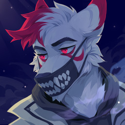 anthro black_clothing black_topwear cheek_tuft clothed clothing ears_back facial_tuft fur glistening glistening_eyes hair looking_aside male markings mask multicolored_hair narrowed_eyes neck_tuft pivoted_ears red_body red_ears red_eyes red_fur red_hair red_markings simple_background solo topwear tuft two_tone_hair unsigned white_body white_clothing white_ears white_fur white_hair white_topwear corzh77 canid canine canis mammal wolf 1:1 absurd_res bust_portrait detailed hi_res icon portrait